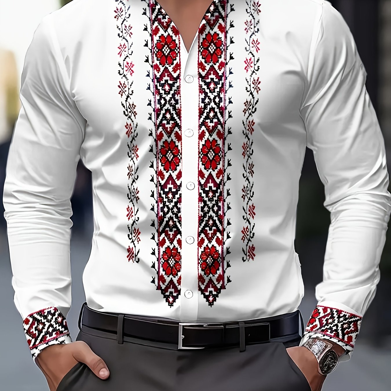 Christmas Men's Tribal Ethnic Print Long Sleeve Dress Shirt - 100% Polyester, Classic Collar & Button-up Front, Machine Washable, Spring/fall Casual To Formal Wear