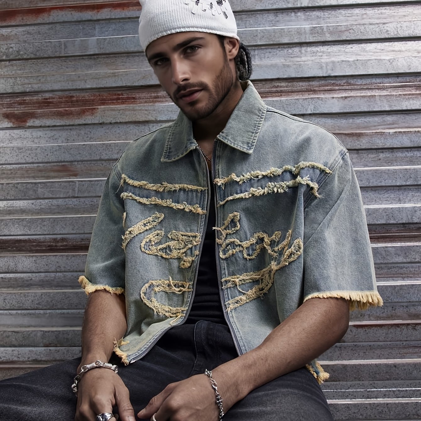 Image of Popular Men's Stretchy Men's Blue Denim Shirt With Zipper Design For Spring And Summer, , Versatile, Suitable For Daily Casual Wear