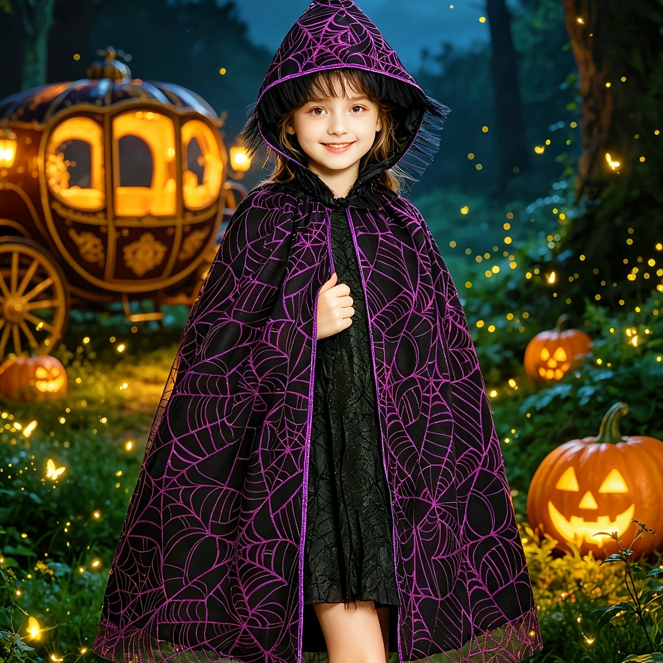 TEMU Unisex Bat Print Hooded Cape, Dark Spider Web Cloak 30 Inches 3, Halloween Carnival Easter Party Costume Gift, Book Week Costume
