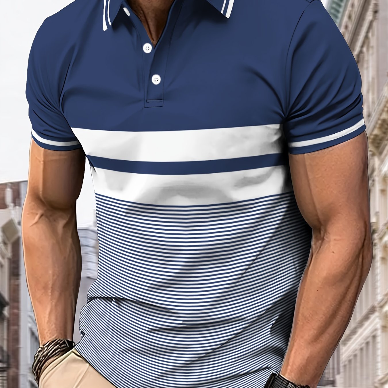 TEMU Men's Breathable Casual Shirt - , Short Sleeve, Striped Design With Button Detail, Machine Washable