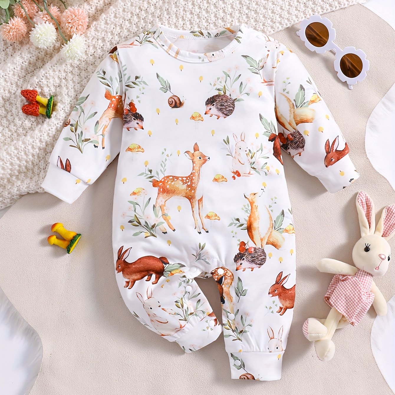 Image of Children's Small Animal Print Round Neck Long Sleeve Bodysuit, Baby Long Sleeve And Long Pants Romper, Outfit For Baby Girls For And Parties, Perfect For Outdoor