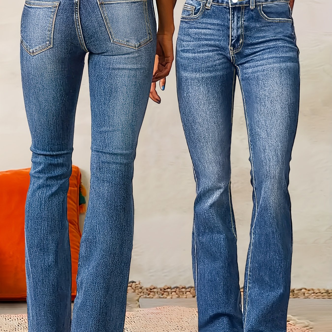 Image of Double-breasted Washed Pattern Skinny Flared Jeans, Street Casual Chic Women's Denim Trousers