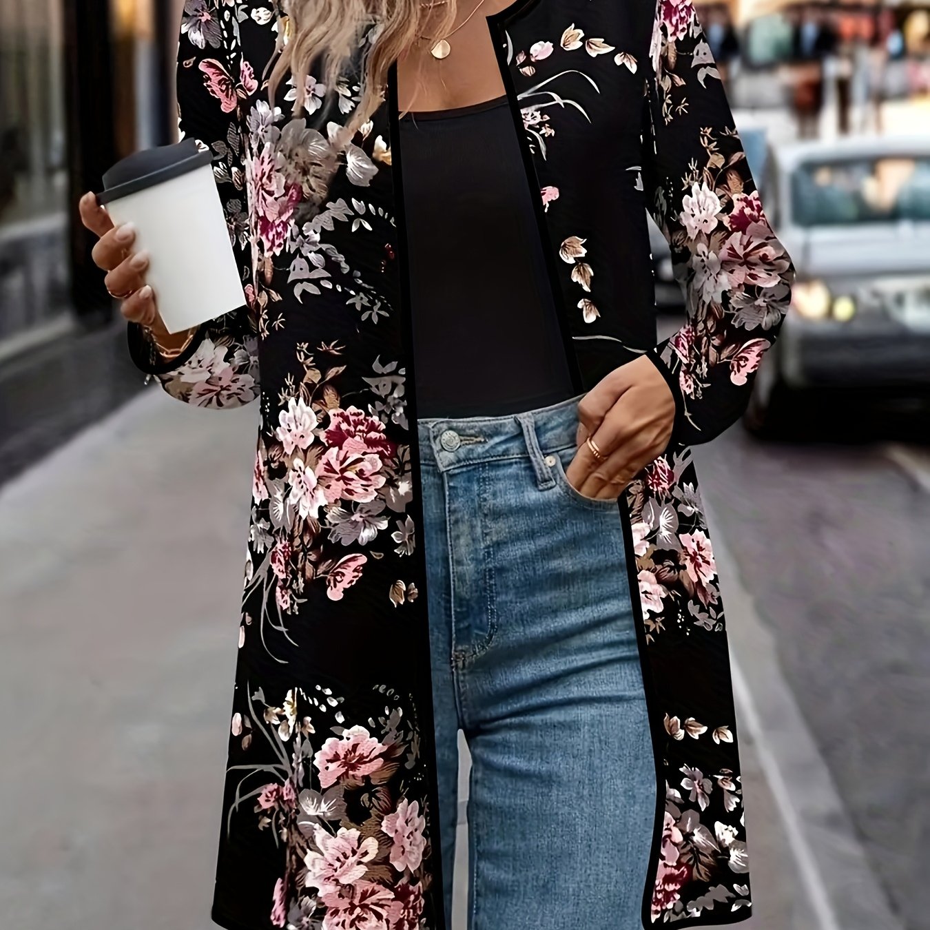 TEMU Spring And Autumn Long Sleeve Thin Women's Floral Buttonless Open Front Printed Cardigan