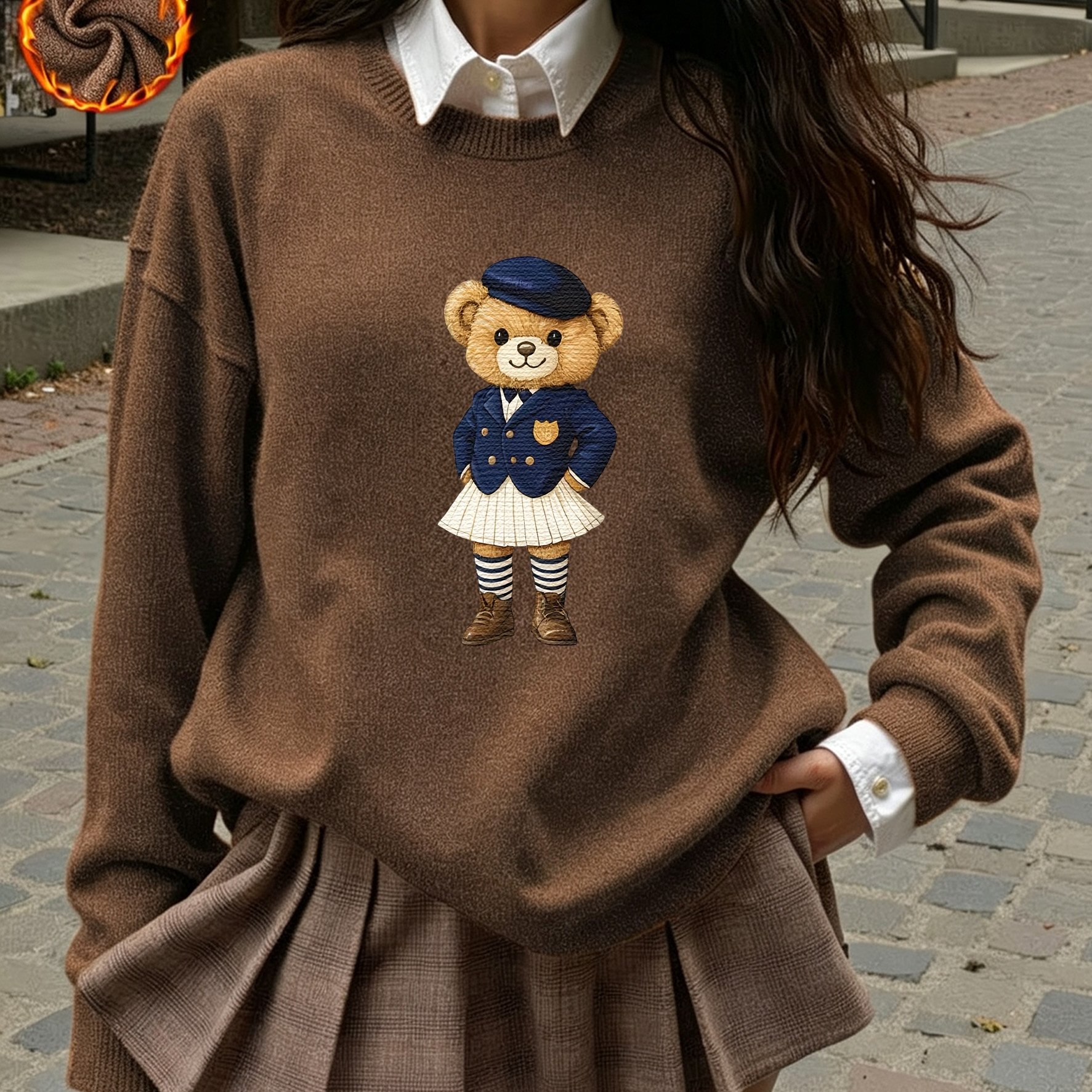 TEMU Women's College Uniform Teddy Bear Print Crew Neck Sweatshirt, Pleated Skirt Outfit Bear Graphic, Loose Round Neck Long Sleeve Pullover Top,