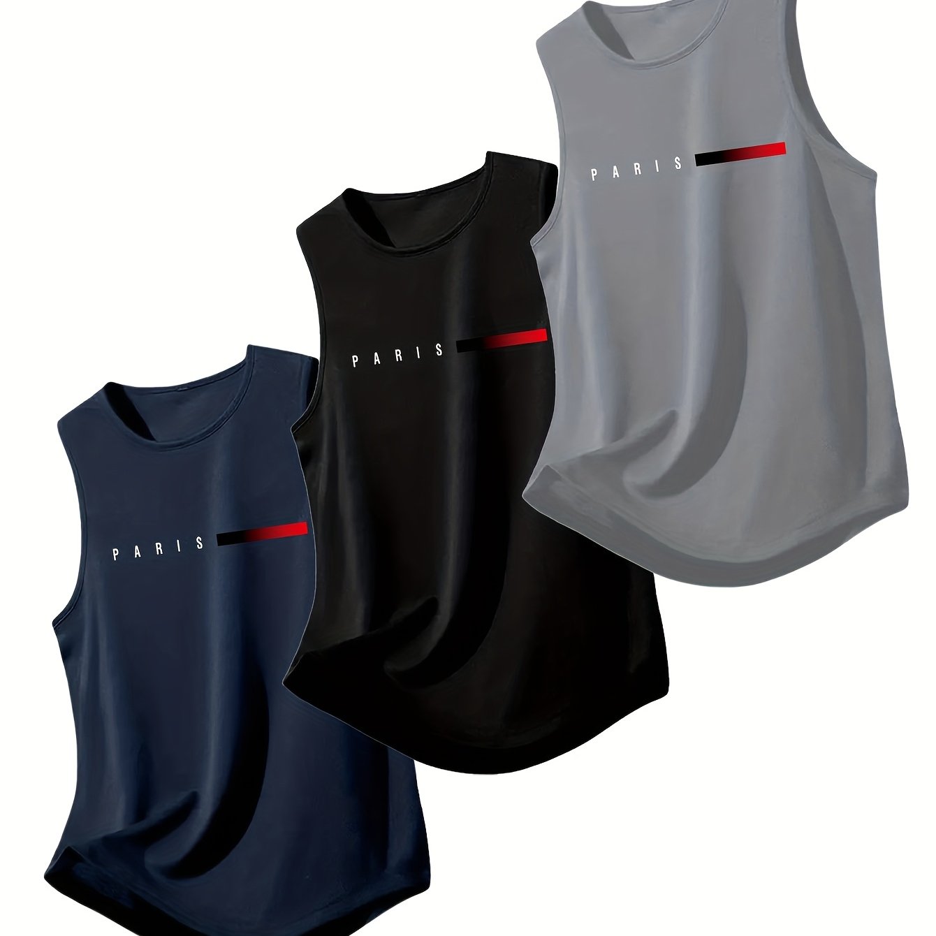 E-shop 3er-Pack atmungsaktive Herren-Rundhalswesten - Schnelltrocknende, feuchtigkeitstransportierende Sportoberteile mit "PARIS"-Print, leichtes &