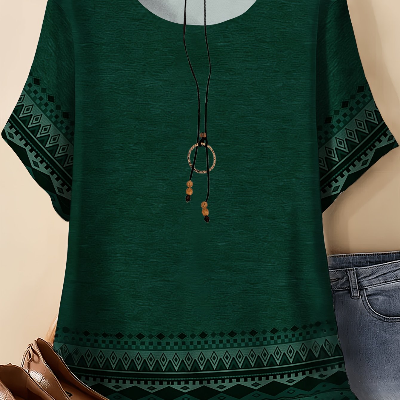 TEMU Plus Size - Plus Size - Plus-size Women's Trendy New Ethnic Style Printed T-shirt - Made From Soft, Stretchy, Breathable Fabric, Featuring A