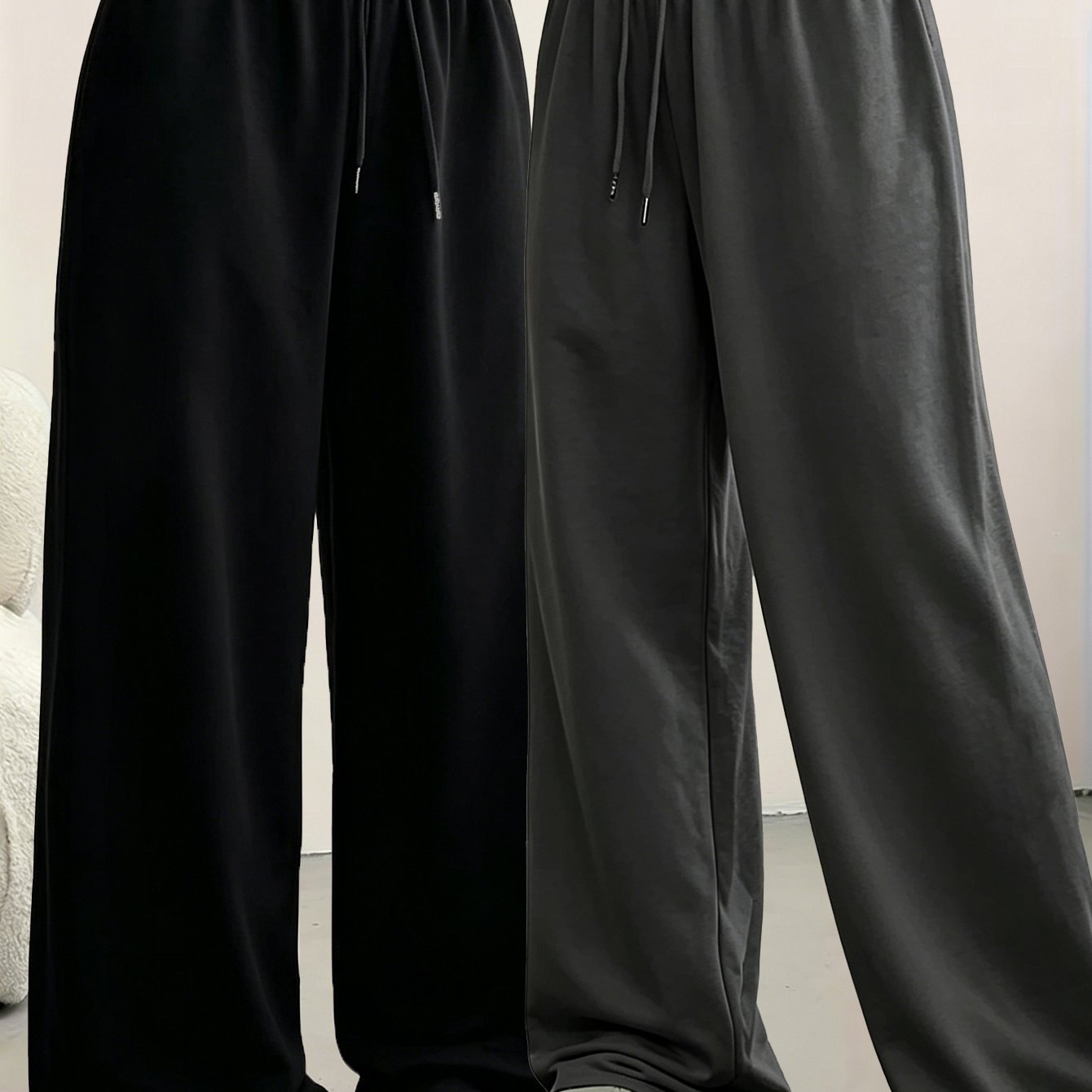 TEMU 2pcs Set Drawstring Elastic Waist Wide-leg Sweatpants For Women, Loose, Lazy Style, Casual, Versatile Long Pants
