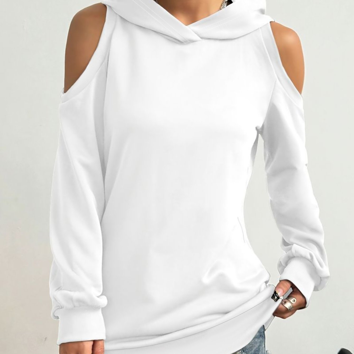 TEMU Women's Solid Color Casual Fashion Comfortable Loose And Versatile Off Shoulder Long Sleeve Hooded Trendy Hoodie Top