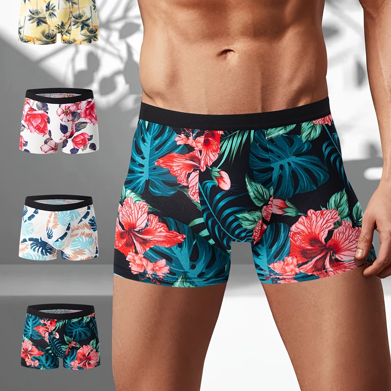 Image of 4-pack Men's Boxer Briefs With Tropical Floral Print - Breathable Mid-stretch Fabric, Full Coverage & Non-transparent Design For Casual & Active Wear, Comfortable Undergarment | Smooth Texture Fabric
