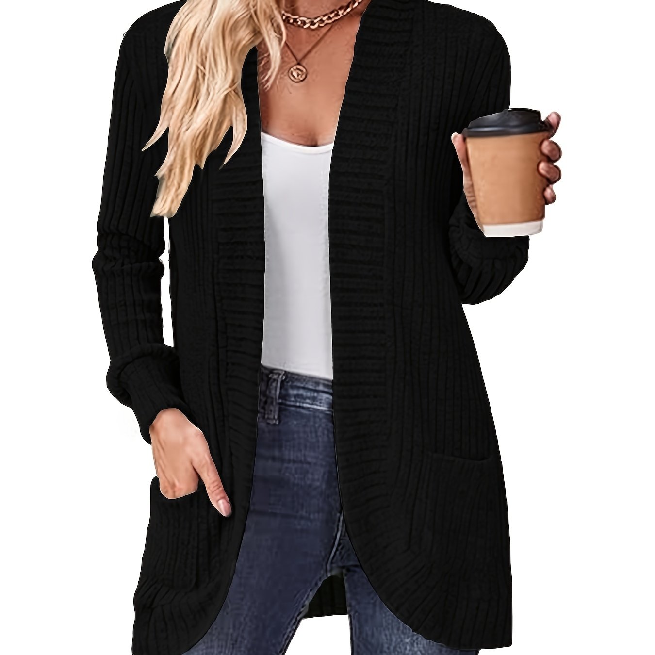 TEMU Cardigan elegante da donna, lunghezza media, con tasche, top casual da pendolare per donna, inverno