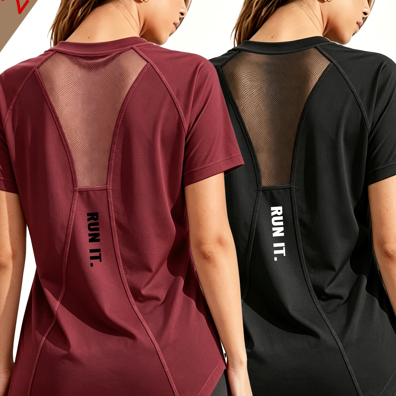 TEMU Yoga Pilates Mesh Athletic Short Sleeve T-shirt 2pcs Set Quick-dry Breathable Training Top Women