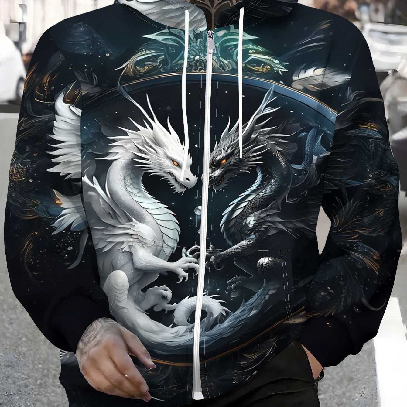 TEMU Men's Zipper Hoodie - Men's Casual Pullover Zipper Hoodie - Pattern, Black And White Dragons Gaze At , Autumn And Winter Wear, Machine Washable,