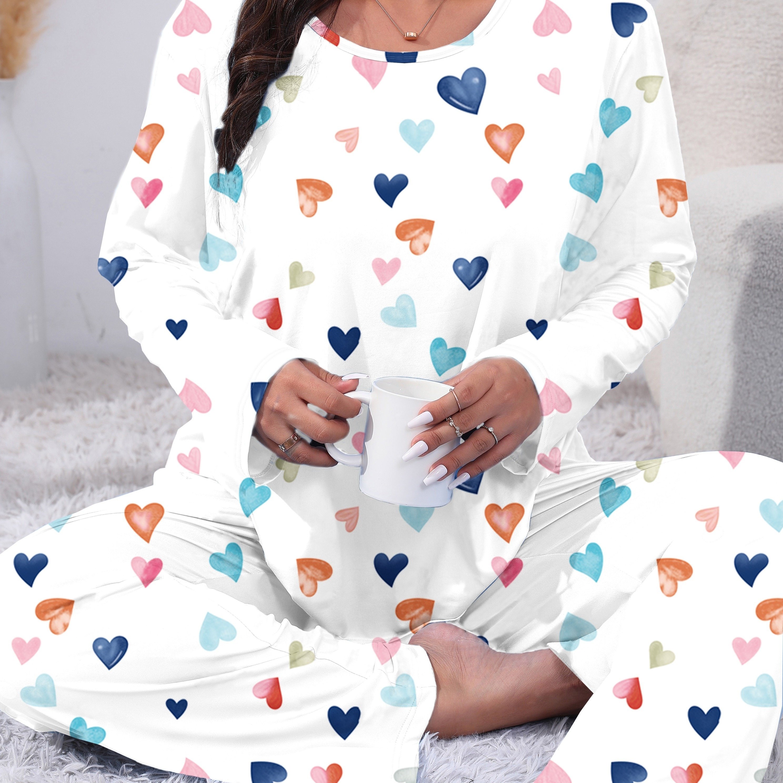 Image of Plus Size Heart Print Round Neck Long Sleeve Long Pants Women's Home Sleepwear Set
