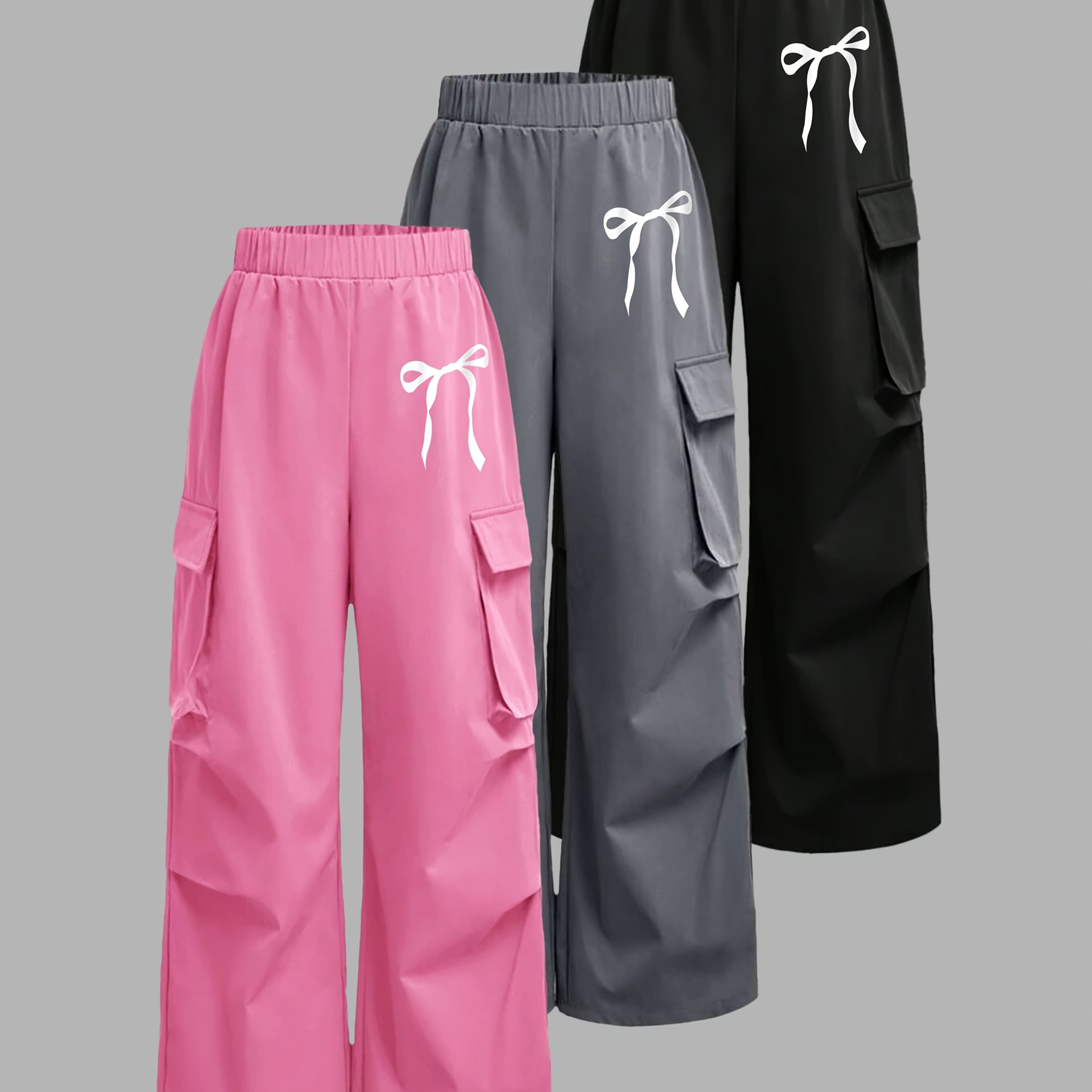 E-shop 3er-Set Mädchen-Cargohosen, Modisches Doppeltaschen-Design mit Schleifenmuster, Lockere Weite Beinhose für Frühling/Herbst, für Draußen-Spielen