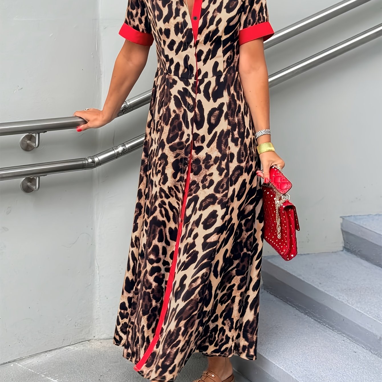 TEMU Women's Red & Leopard Print Button-front Lapel Collar Maxi Dress - -line Short Sleeve Button-front Dress Suitable For Spring Summer, Casual To