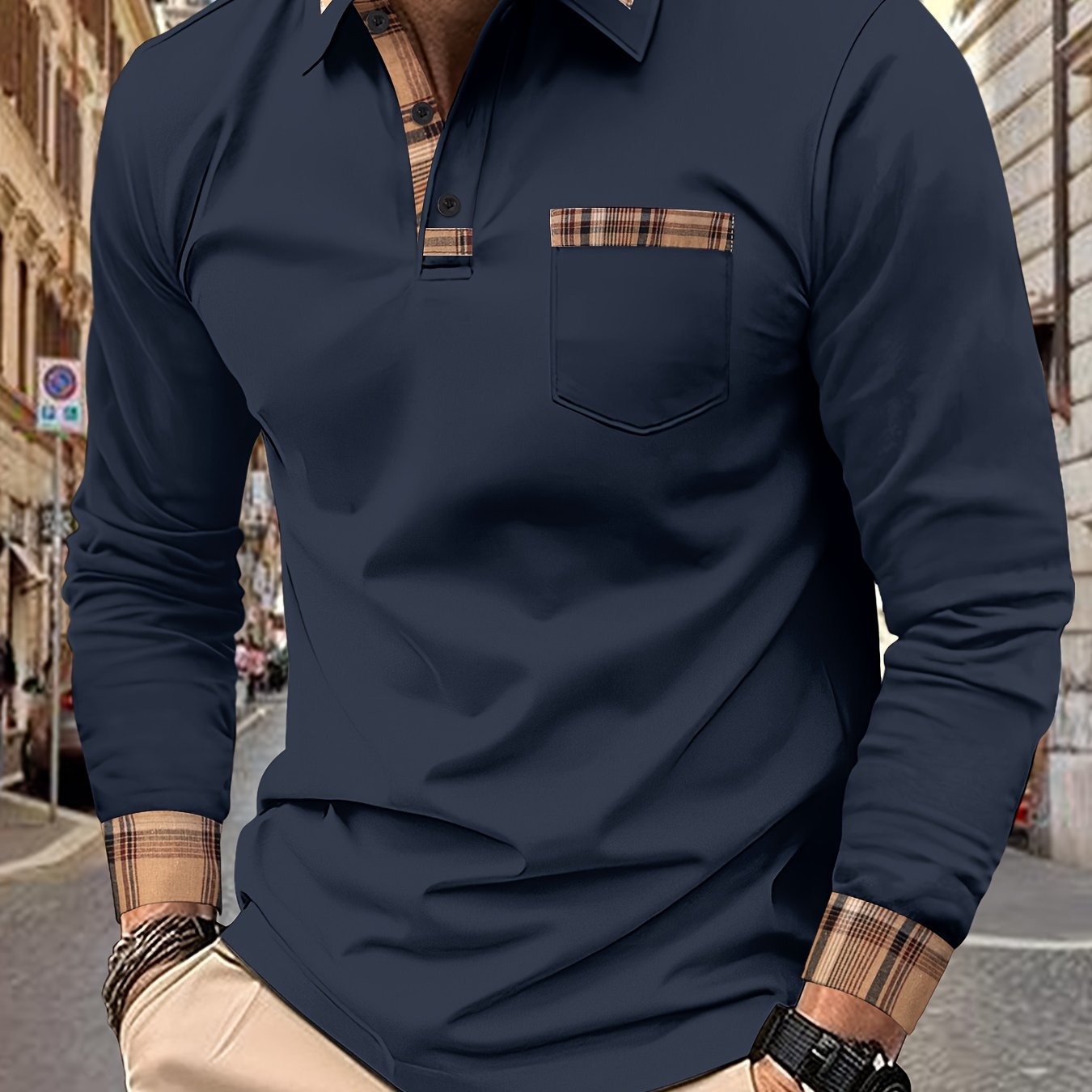 TEMU Men's Casual Long Sleeve Button Turn Down Collar Shirt With Trim Detail, Polyester Knit Stretch Pullover For Outdoor Wear