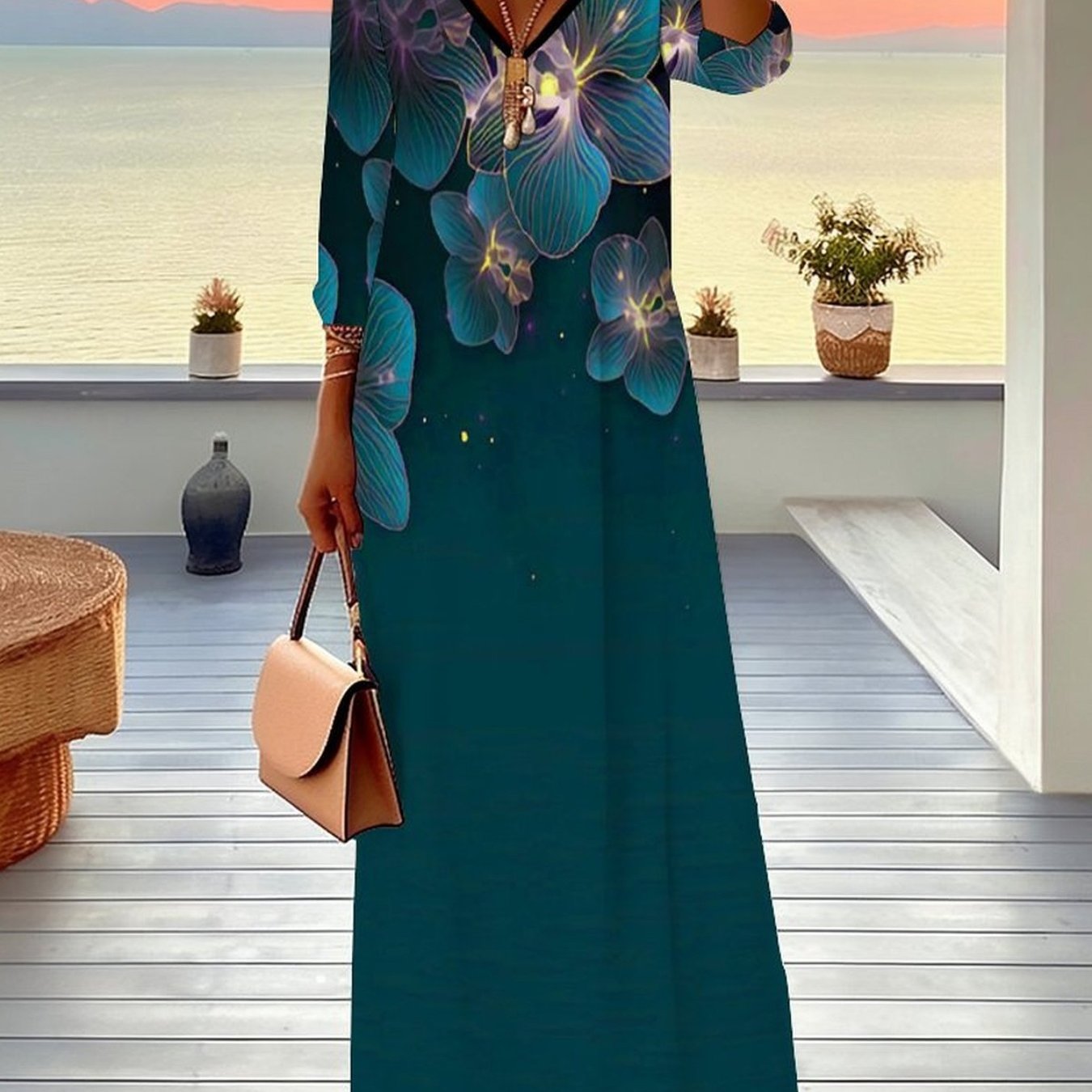 Image of Plus Size - Women's Dress, Women's Plus Size Dress, Floral And , Full Body Print, Party Occasion, Casual Vacation, Elegant Women's Fashion, V-neck, Mid Sleeved Jumpsuit, Long Skirt
