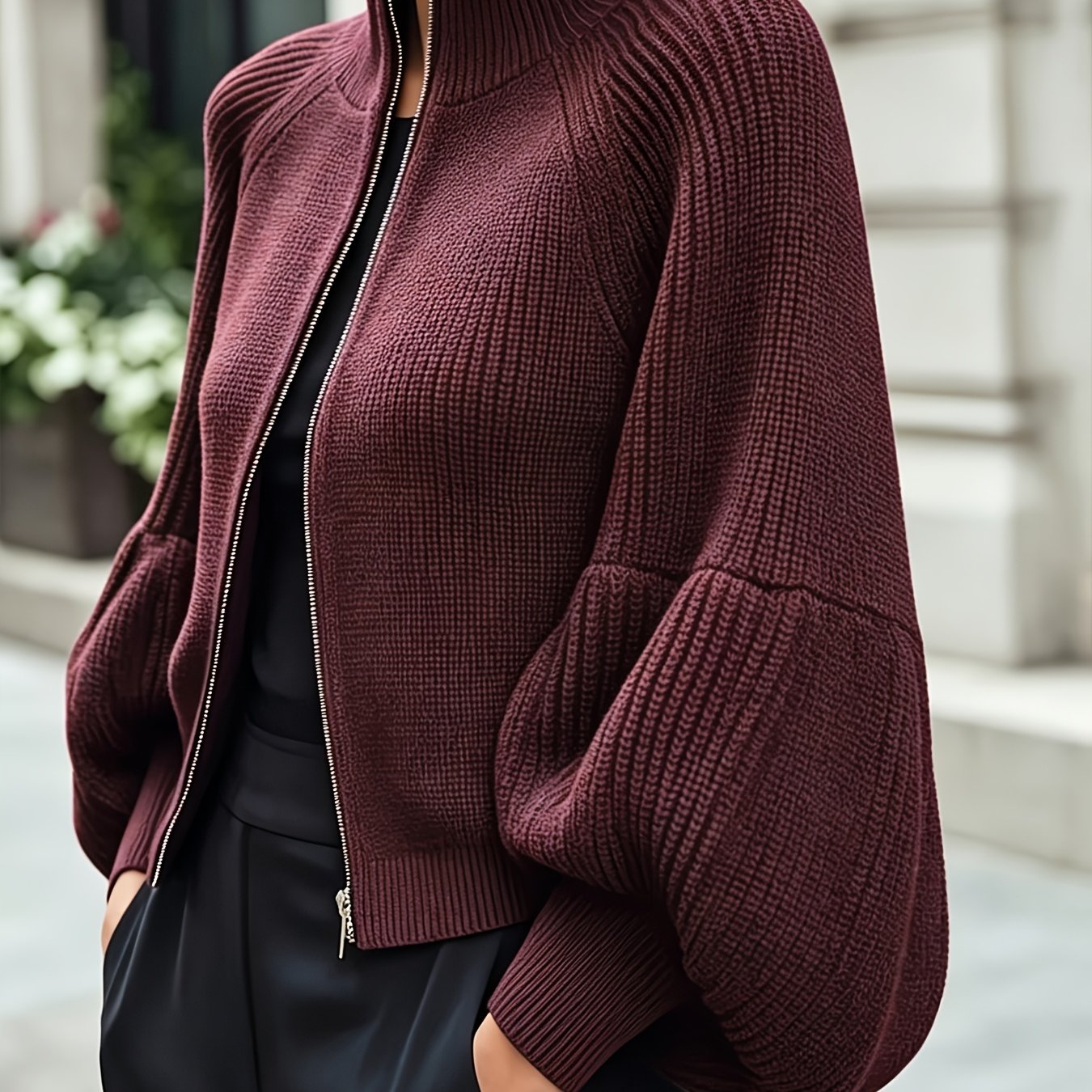 TEMU Women's Autumn/winter Fabric Cropped Zip-front Cardigan, Featuring A High Collar That The Neckline, Offering Wind Resistance And A Fashionable