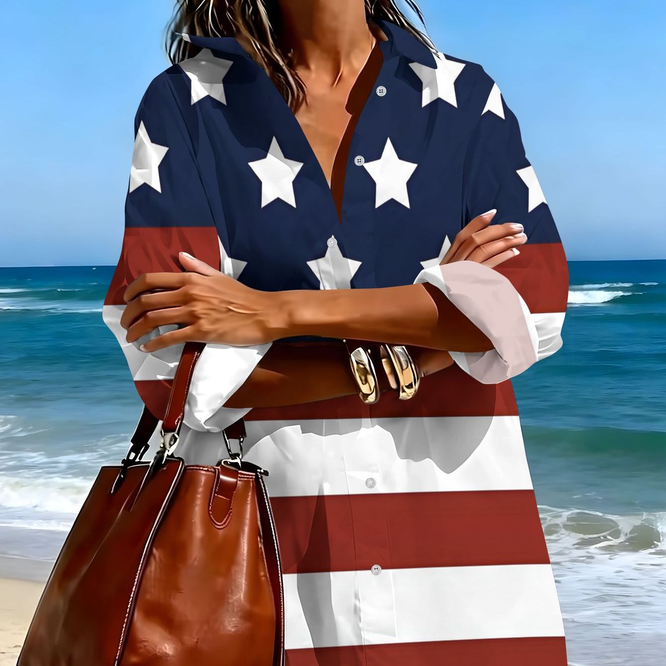 TEMU Summer Fashion Women's Clothing, Classic Pattern Of American Flag Display, Printed Women's Casual Long Sleeve Shirt