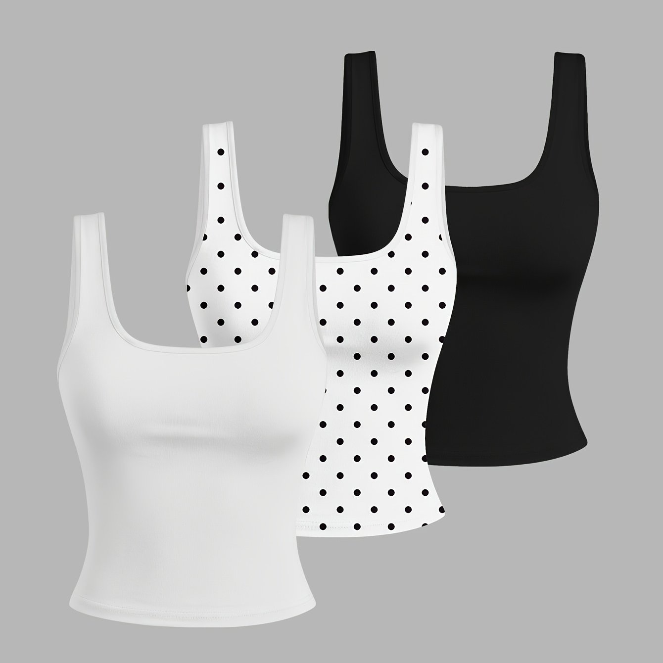TEMU 3pcs Set Plus Size Women's Polka Dot Print Tank Top, Round Neck Slim-fit Casual Summer Wide-strap Vest, Form-fitting, Breathable And