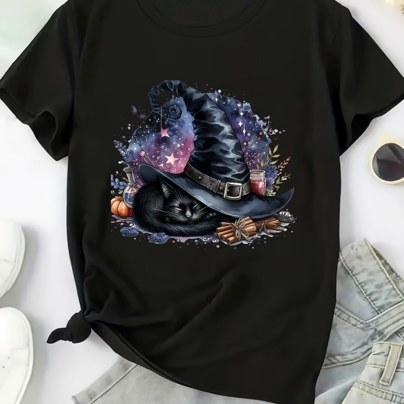 TEMU Women's Plus Size Casual T-shirt With Whimsical Hat & Black Cat Print - Soft Polyester, Stretchy, Crew Neck, Short Sleeve - Spring/summer