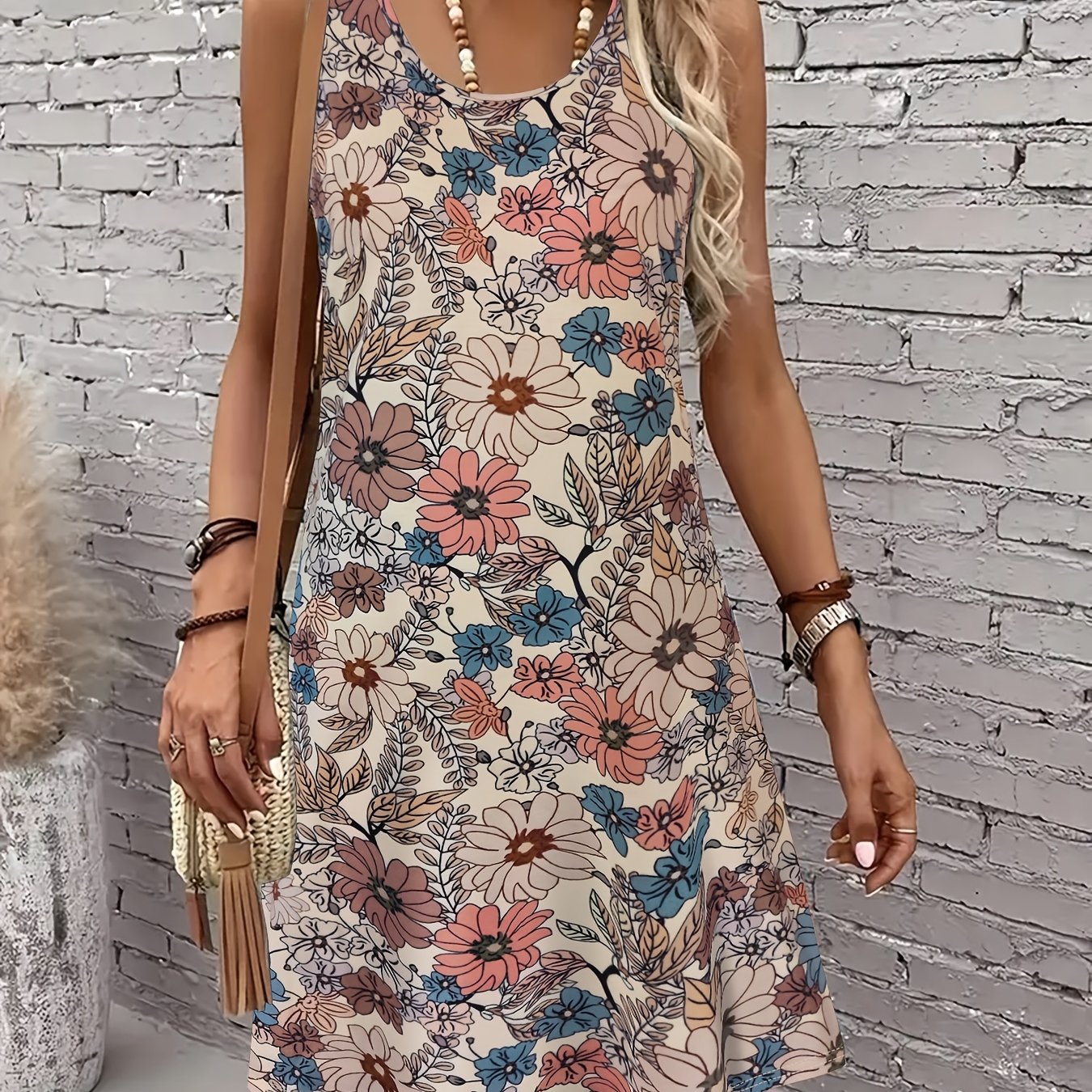 Image of 2d Print Elegant Vacation Abstract Painting Floral Graphic Full-print Breathable Round Neck Tank Dress, New Summer Casual Sleeveless Dress, Women's A-line Midi Dress