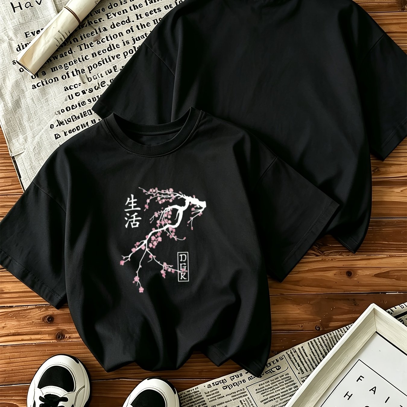 Spring/summer New Arrivals - Black Oversized T-shirt With Cherry Print, Casual Wear And Outdoor
