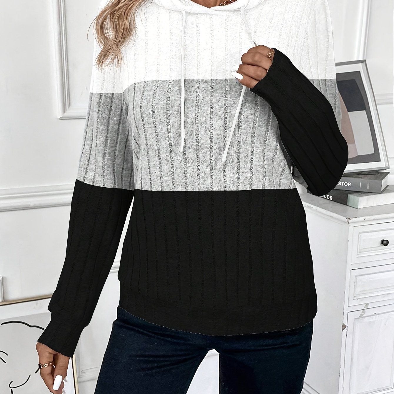 TEMU Sweat à capuche à manches longues pour femmes, patchwork color-block avec cordon de serrage