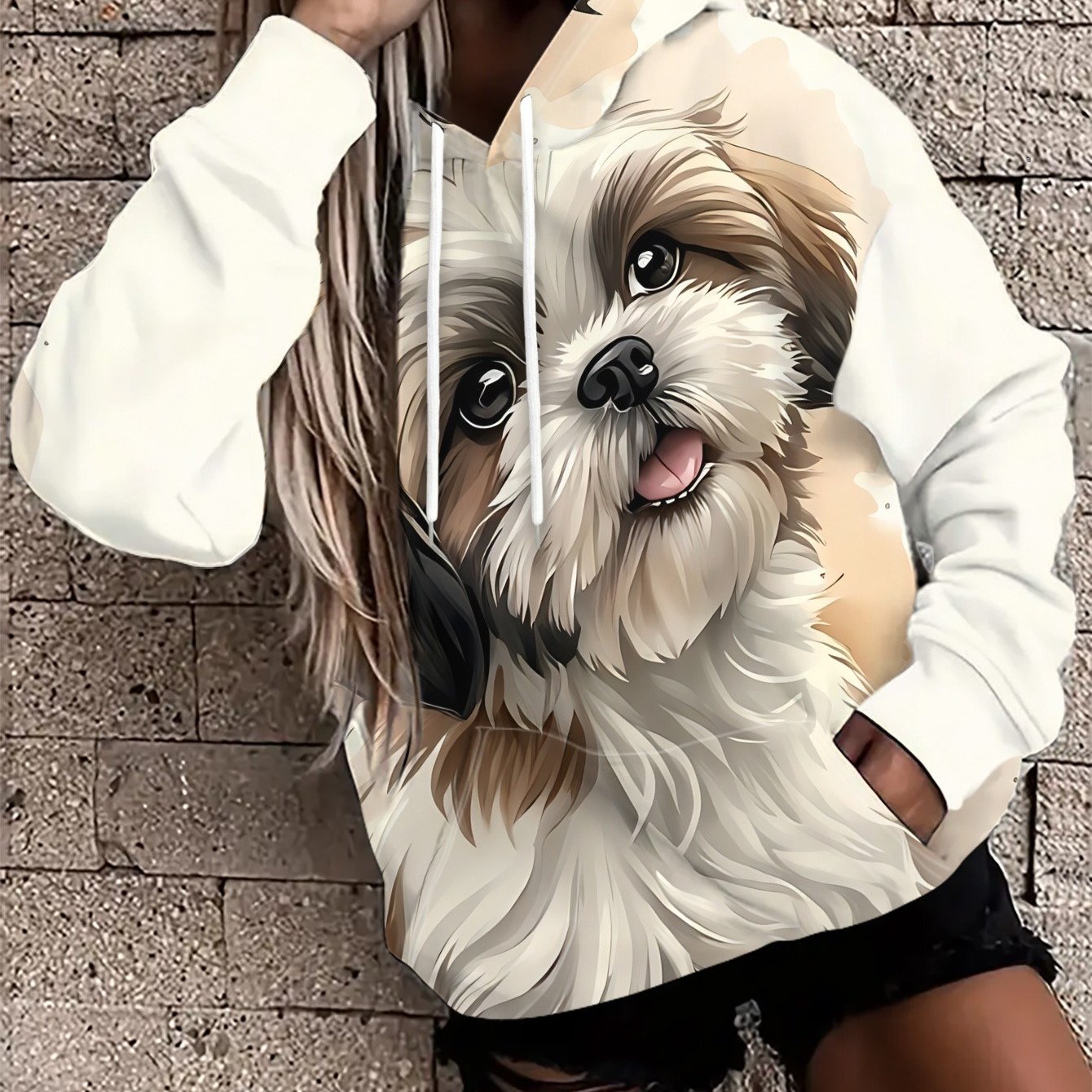 TEMU Women's Hooded Sweatshirt With A Cute Shih Tzu Watercolor-, A Casual And Versatile Long-sleeve Pullover Featuring A Drawstring And Pocket,
