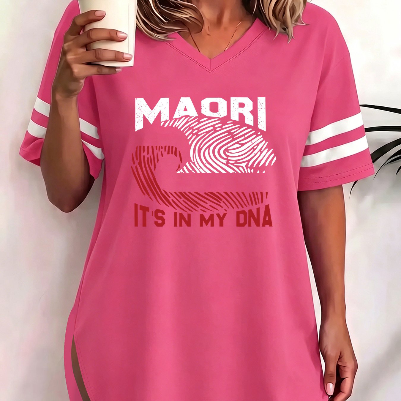 TEMU Plus Size - Maori It' Maori Fingerprint Pattern Printed Women's T-shirt, Plus Size 1xl To 8xl Ladies Letter Pattern Printed V-neck Short Sleeve