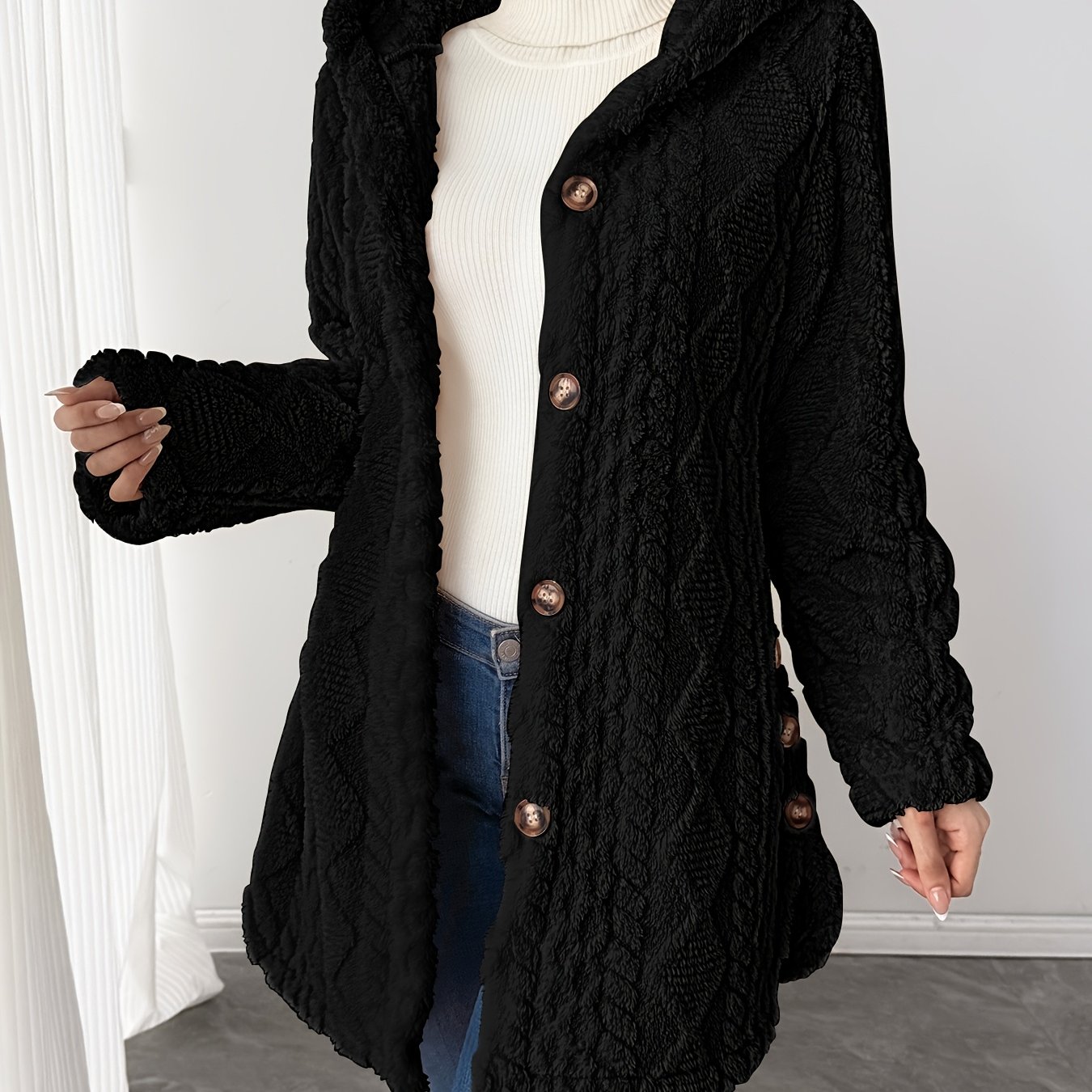 Image of [ Autumn/winter Geometric Texture Pattern, Solid Color, Hooded Mid-length Teddy Bear Long Sleeve Coat, Women's Elegant Style, Coat]