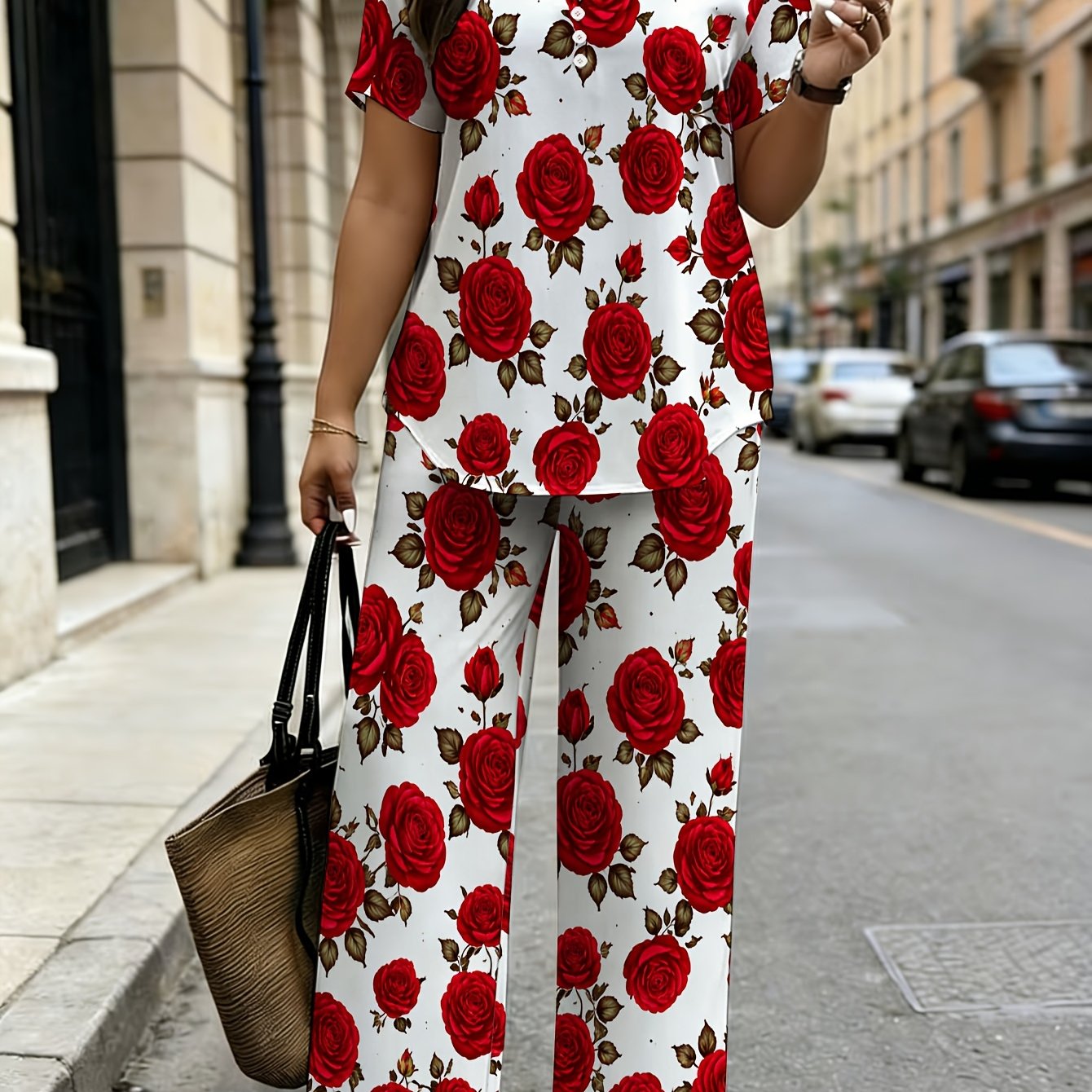 Image of Women's Fashion Two-piece Set, Rose And Green Leaf Pattern Print V-neck And Fake Button Short Sleeves With Wide-leg Pants, Suitable For Daily And Casual