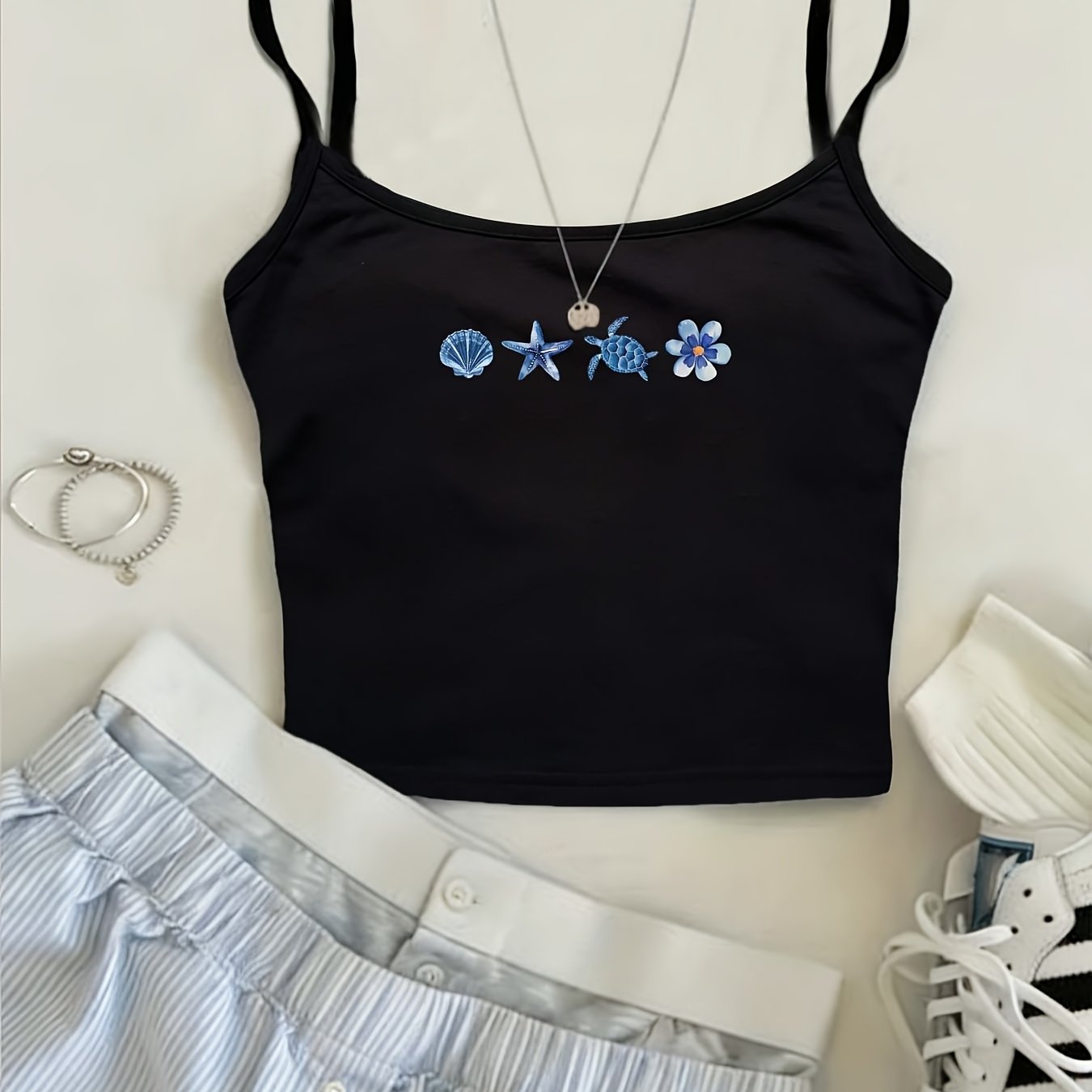 TEMU 1pc Women's Casual Designed European And American Minimalist Fun Summer Beach Vacation Island Style Cartoon Cute Shell Starfish Turtle Floral