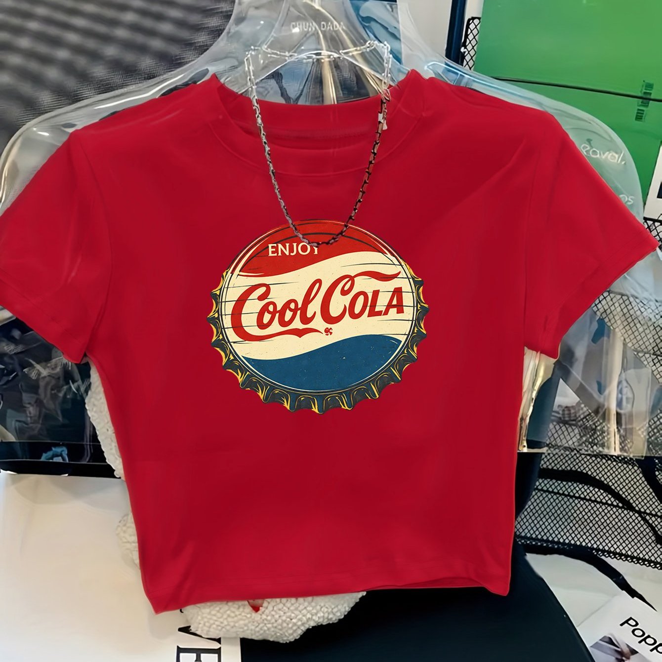 TEMU Women's Spring And Summer Clothing Y2k Short-sleeved High-waisted T-shirt, Printed With "enjoy Bottle ", Versatile , Slim Fit For Everyday Wear,