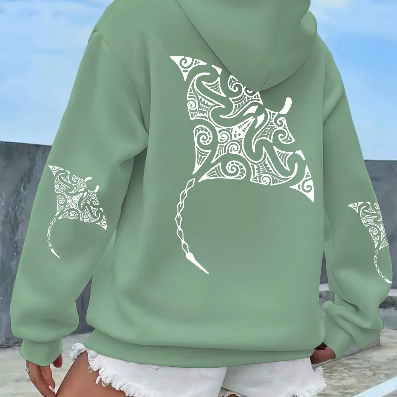 TEMU Pattern Printed Long-sleeve Hooded Sweater Women's Pattern Pullover Breathable Winter Long-sleeve Shirt Fiber, Machine Washable, Three-digit