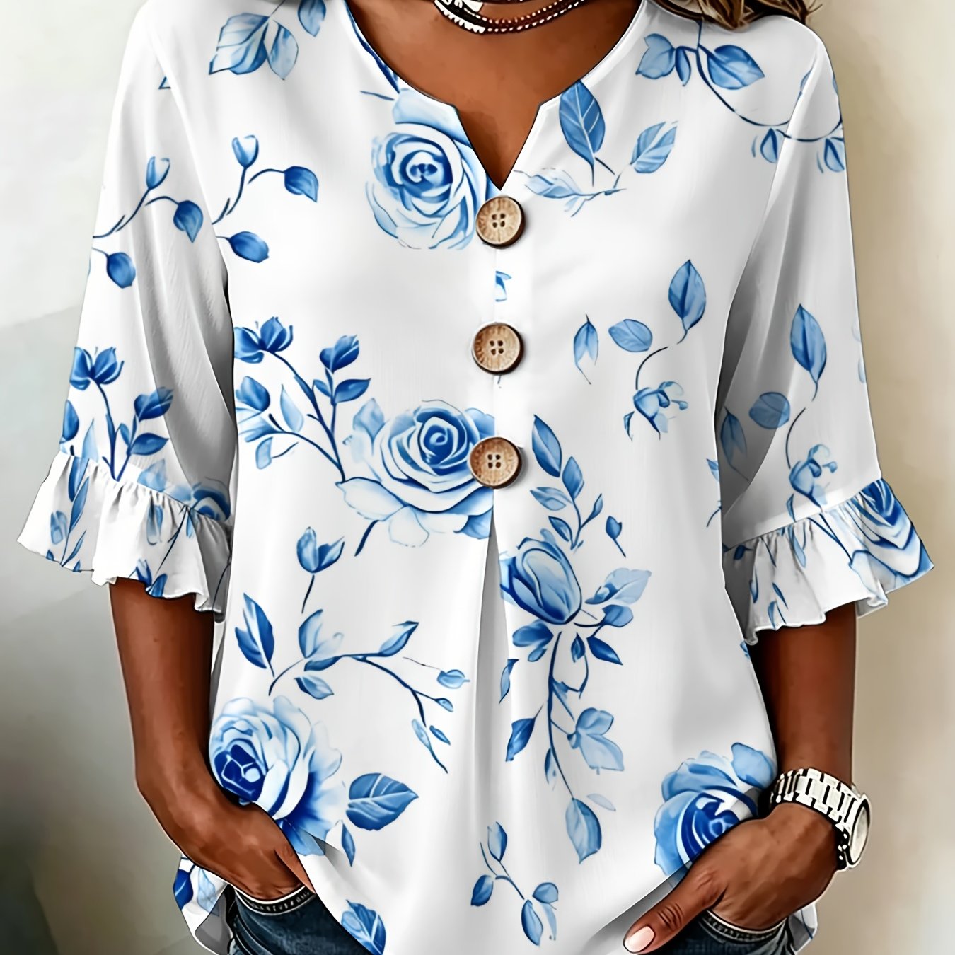 TEMU Plus Size - Western Summer Plus Size Women's Sleeve Shirt, Blue Rose Floral Pattern, Elegant , Suitable For Casual Wear And Office, Fashionable