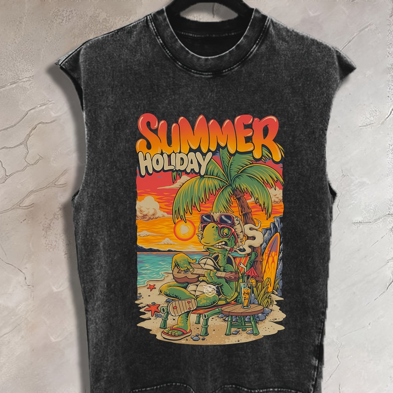 TEMU Men's Vintage Beach Party Graphic Sleeveless Shirt - Lightweight 230gsm Washed Vest For Summer, Tree Surfboard Print - Loose Fit Casual