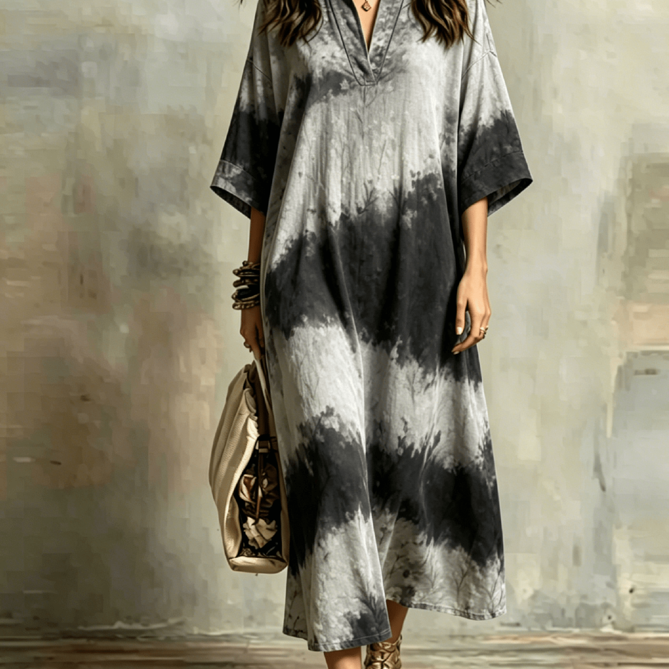 Image of Plus Size - Gray Black Gradient Tie-dye Ink Print Lapel -sleeve Loose Maxi Dress, -friendly Vintage Washed Lazy Vacation Long Dress Perfect Gift Pick
