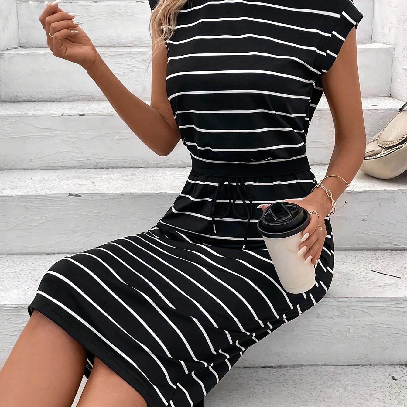 TEMU Stylish Slit Striped Slim Skirt Set, Crew Neck   Sleeve T-shirt & Drawstring Waist Bodycon Skirt Outfits, Women's Clothing