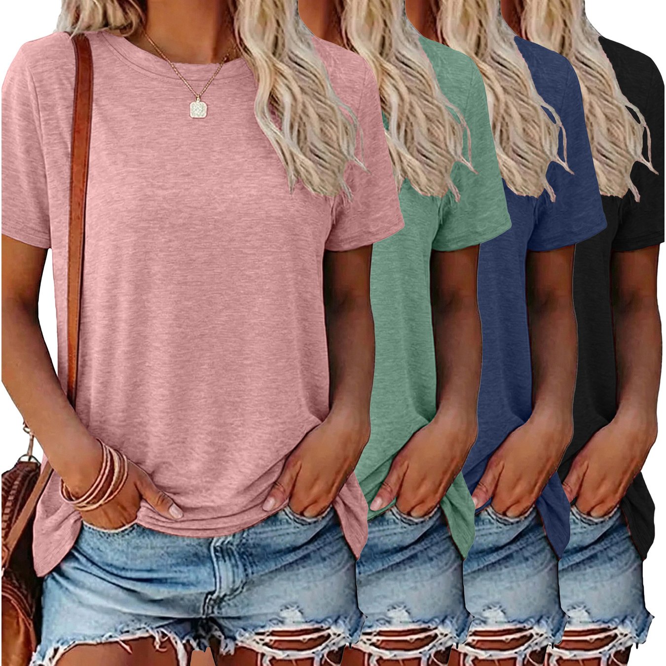 Image of 4pcs Set, , Spring/summer New Women's Casual Easy Solid Round Neck Short Sleeve T-shirt, Summer Basic Short Sleeve Top - Suitable For Spring/summer Daily And , Breathable And Machine Washable