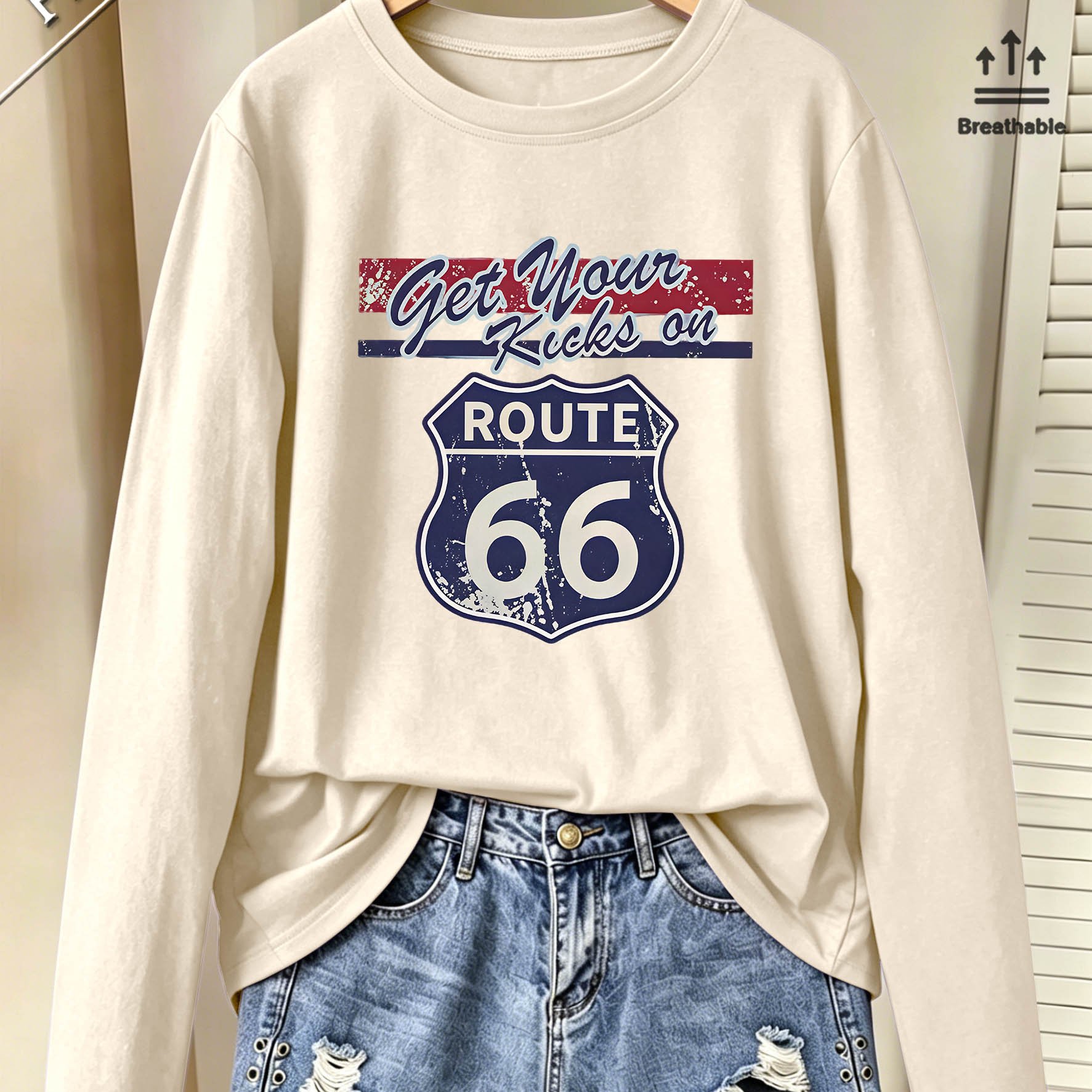 TEMU Women's Elegant Style Plus Size Loose Fit Long Sleeve Top, Vintage Distressed Logo English Print Crew Neck T-shirt, -friendly Breathable Fabric,