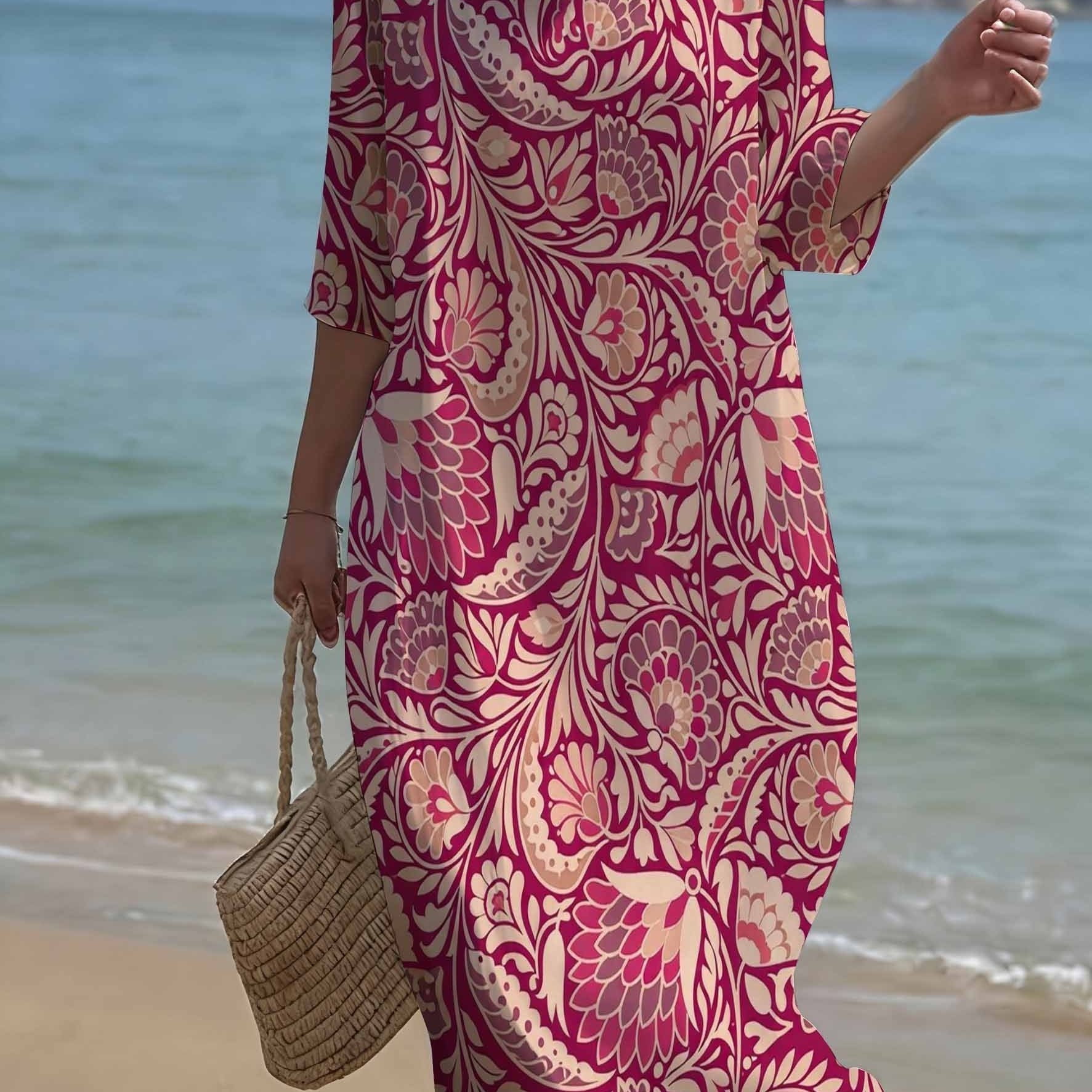 Image of Plus Size - Magenta Base Paisley Floral Midi Dress, Comfortable Loose-fit Long Sleeve Dress, Plus Size Women