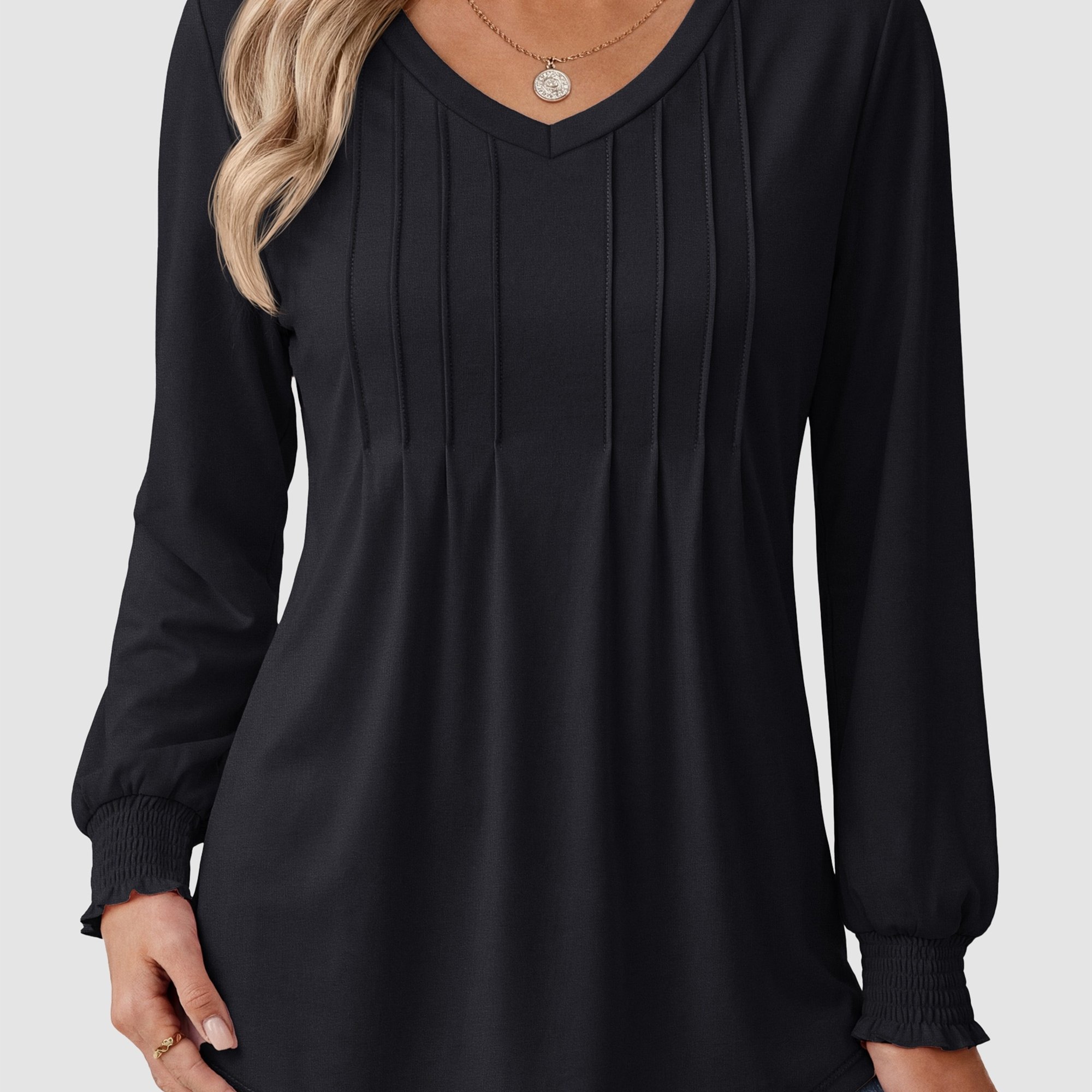 Image of Women V Neck Long Sleeve Shirt Pleated Dressy Blouse Ruffle Cuff Loose Casual Tunic Top Soft Stretchy Blend Office Clothes Fall Spring Elegant Blouse