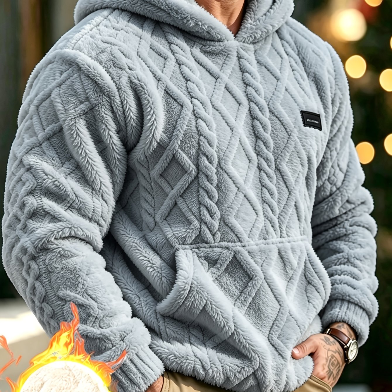 TEMU Men's Winter Double-faced Fleece Hooded Casual Sweatshirt, Plush Jacquard, Comfortable And Warm, Suitable For Sunrise Outdoor Leisure, Dating,