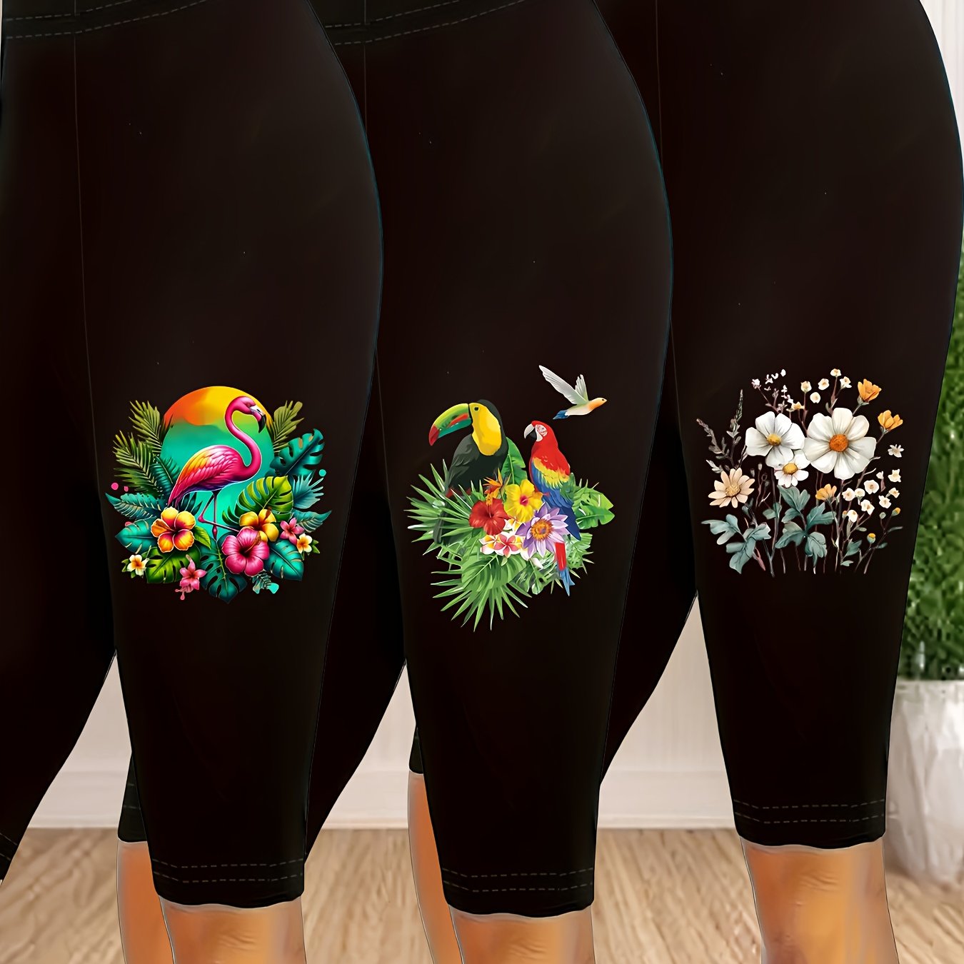 TEMU Plus Size, Extended 3pcs Plus Size Women's Printed Stretch Waistband S Leggings