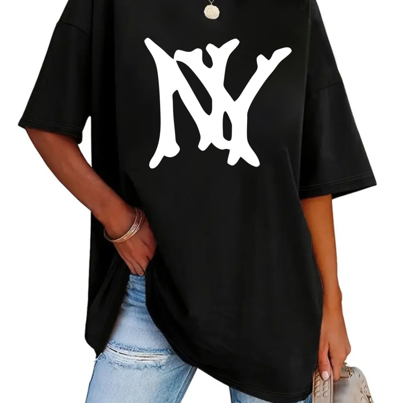 Image of Plus Size - Plus-size T-shirt With Ny Lettering, Trendy For Spring And Summer, Suitable For