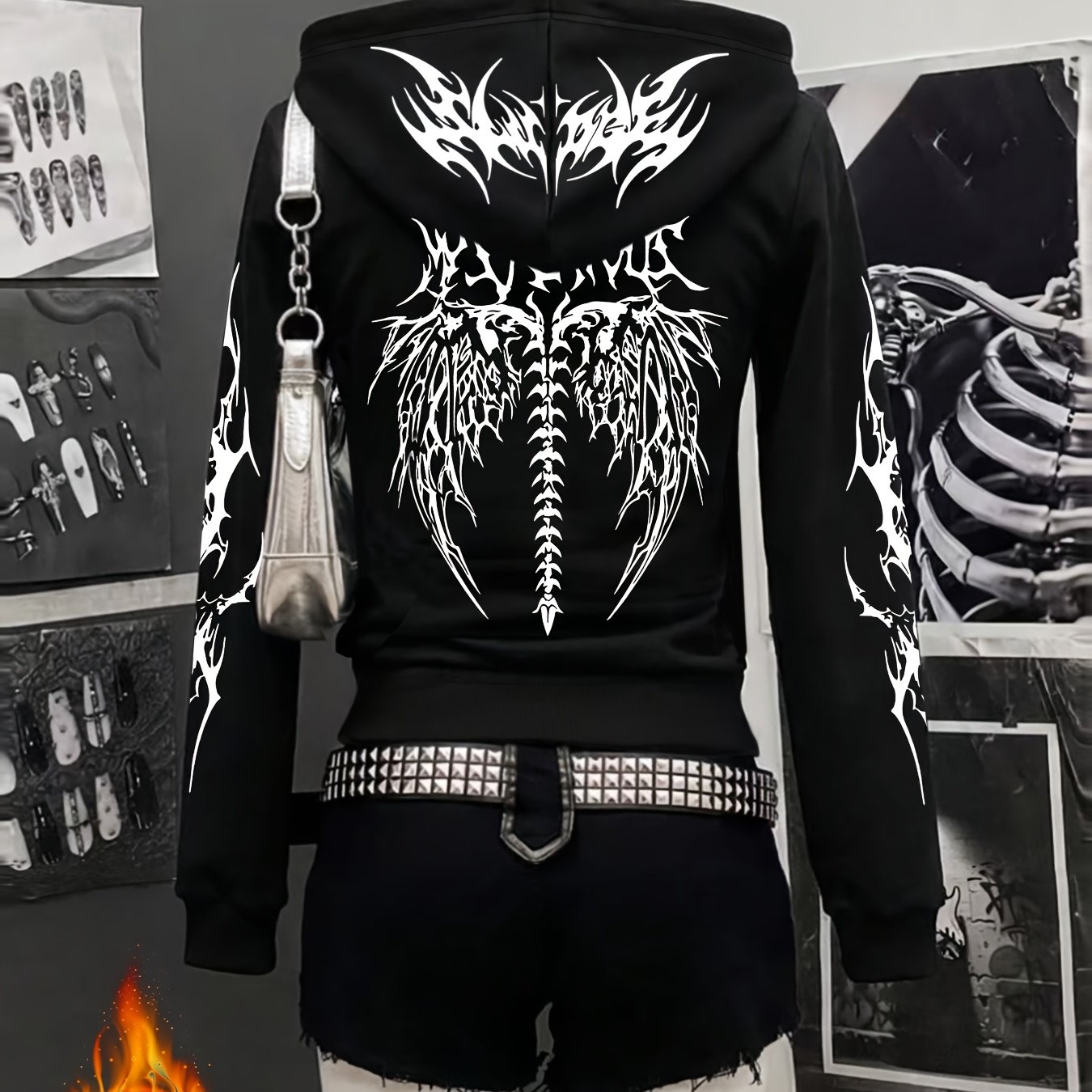 TEMU Veste à capuche noire zippée tendance Y2K Gothique Automne/Hiver, nouveau design épais et lourd avec doublure en , cardigan noir décontracté et