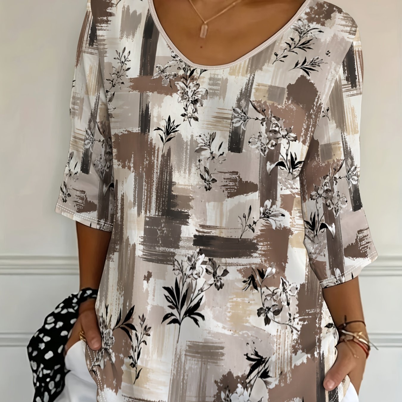TEMU Plus Size, Plus-size Women's Top With Abstract Floral Pattern, Artistic Textured Design, Suitable For Daily Wear, Stylish And Comfortable, A For