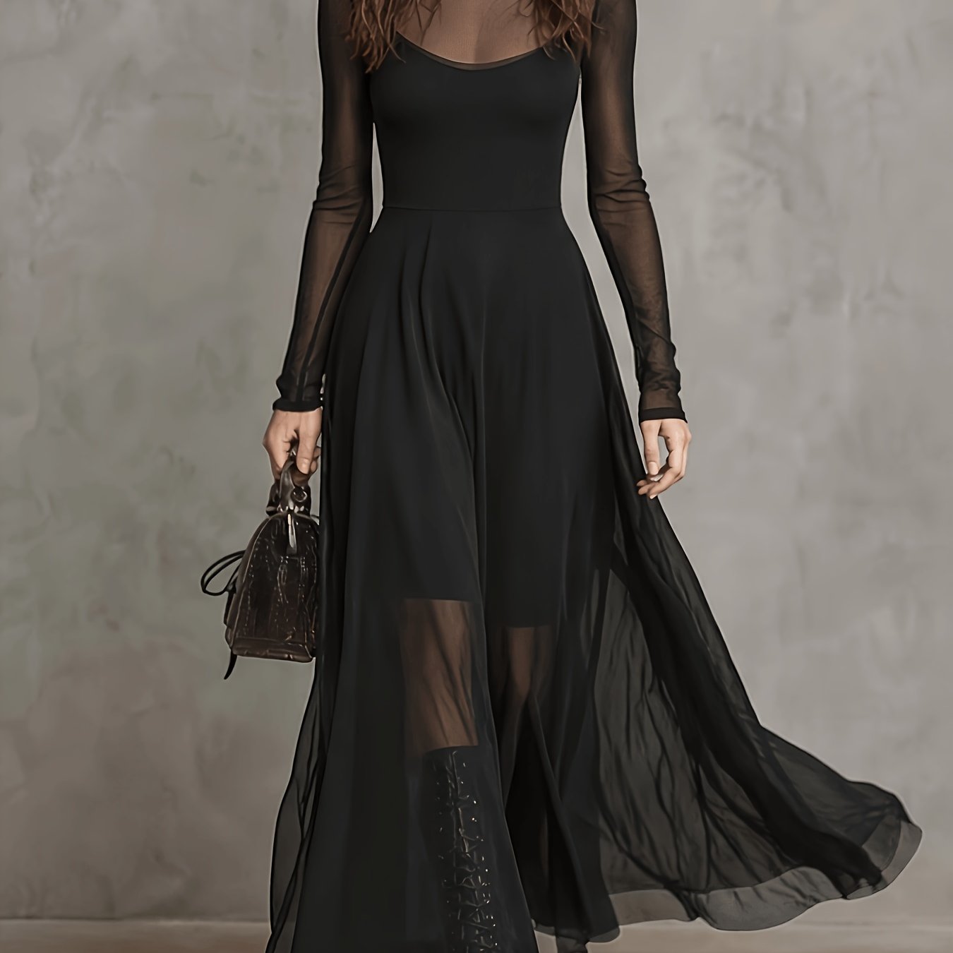 Image of New Women's Black Sheer Mesh Long Dress With Semi-transparent Long Sleeves And Camisole Lining, Suitable For Parties, Valentine's Day Dates, Dinner Events, Streetwear, And Other Occasions