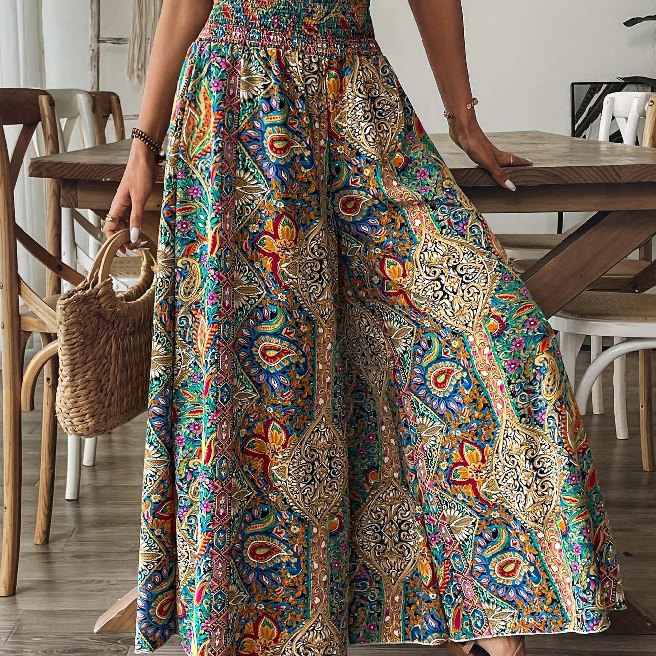 E-shop Frauen lebhafte Paisley-Druck High-Waist Wide-Leg-Hose - für Urlaub, Frühling/Sommer/Herbst, lockere Stil, Urlaubskleidung|Lebhafte